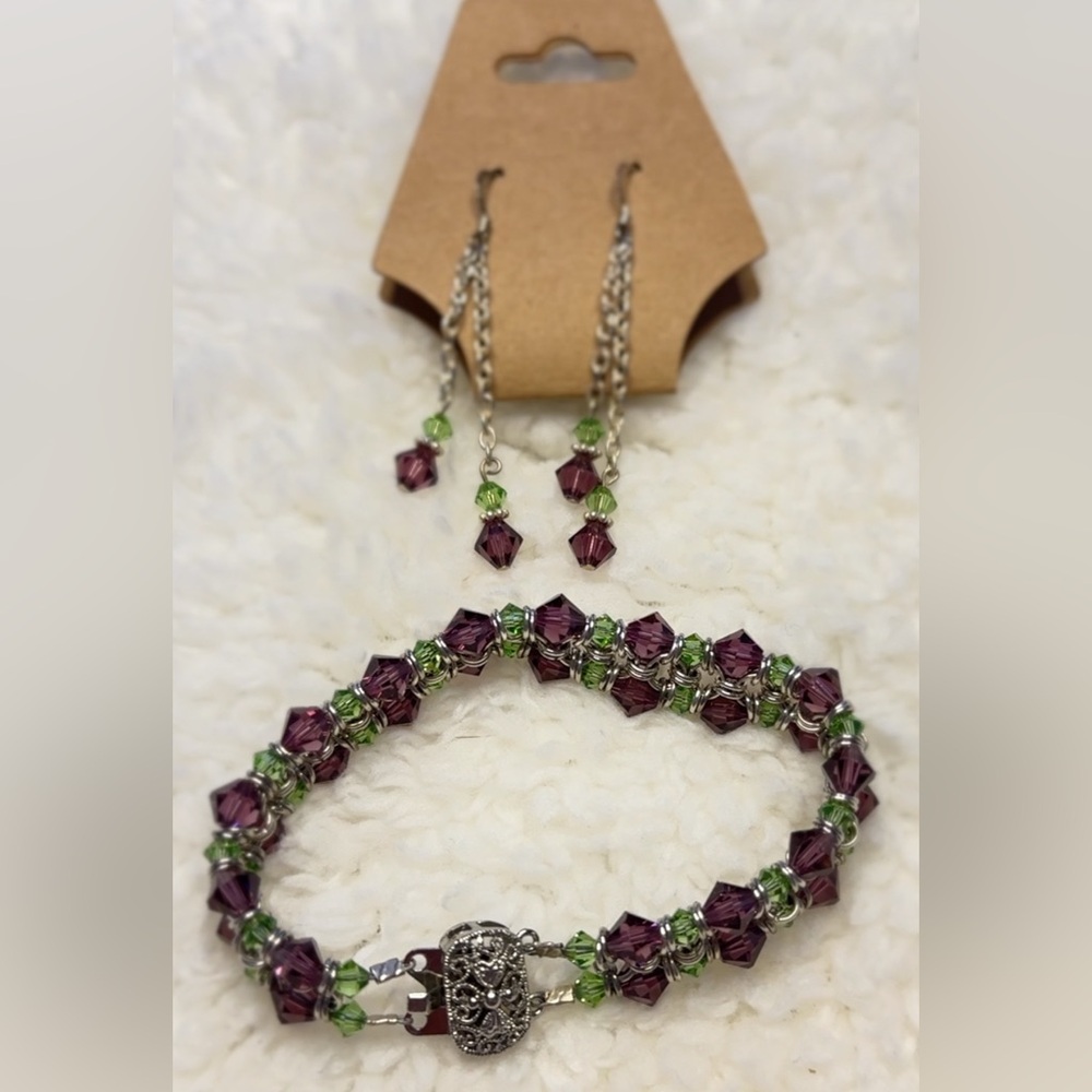 Handmade Swarovski Crystal Jewelry‎ Set Purple Green Necklace & Earrings